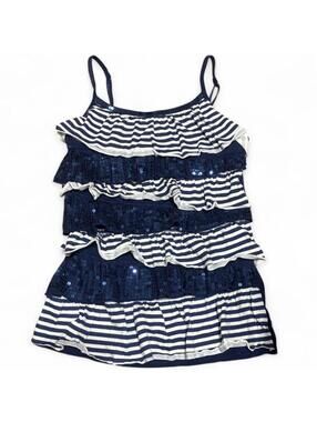 Y2K Justice Navy Sequin Ruffle Striped Cami Tank Top Size 12